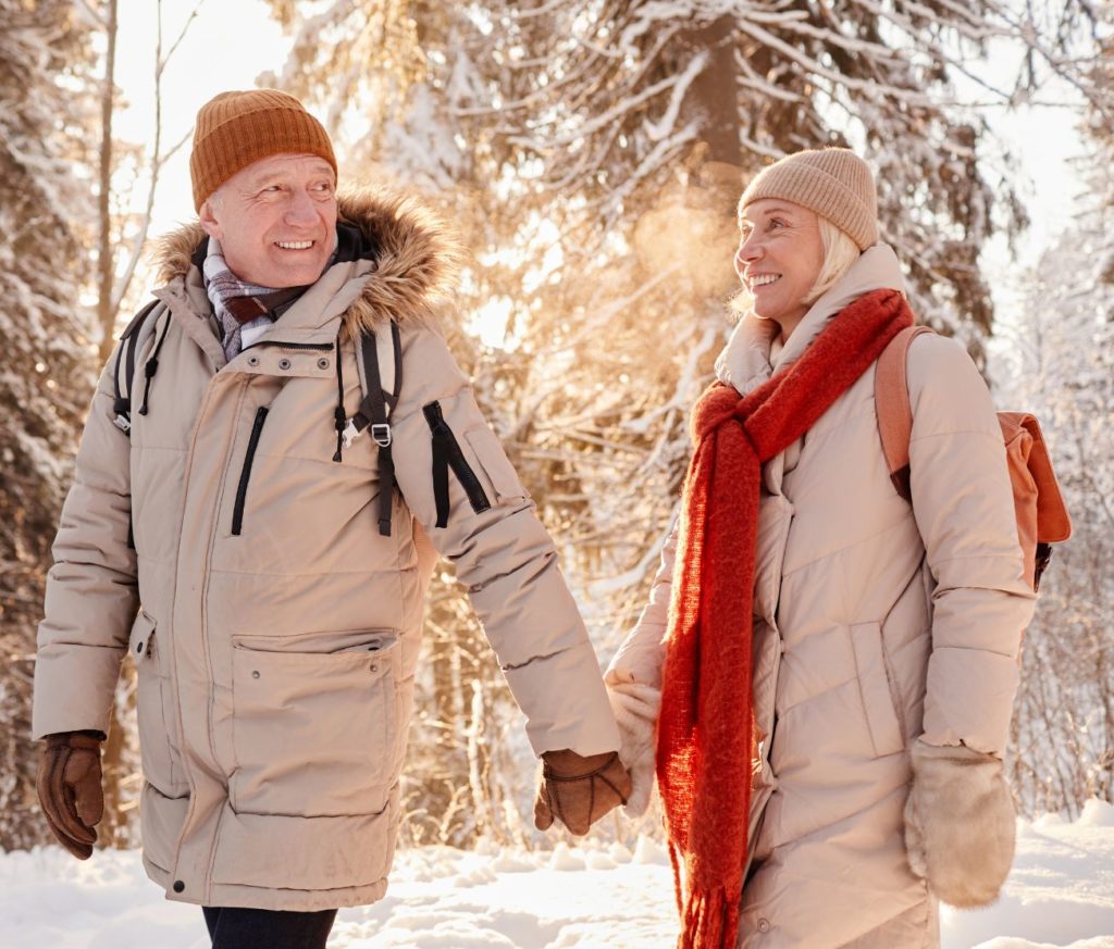 senior couple taking a walk in winter